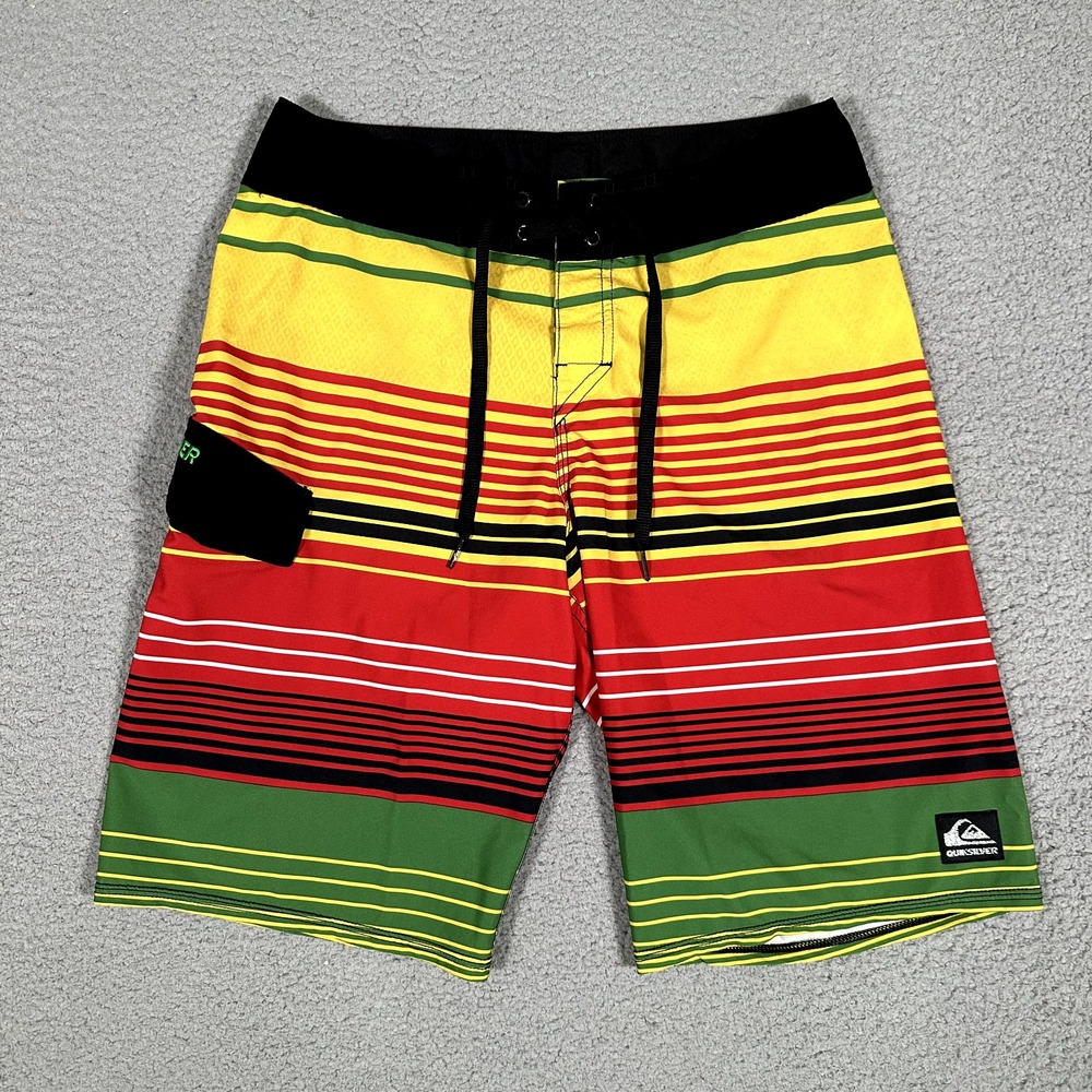 Quiksilver Shorts‎ Mens 30 Striped 11" Board Swim Surf Beach Drawstring Logo